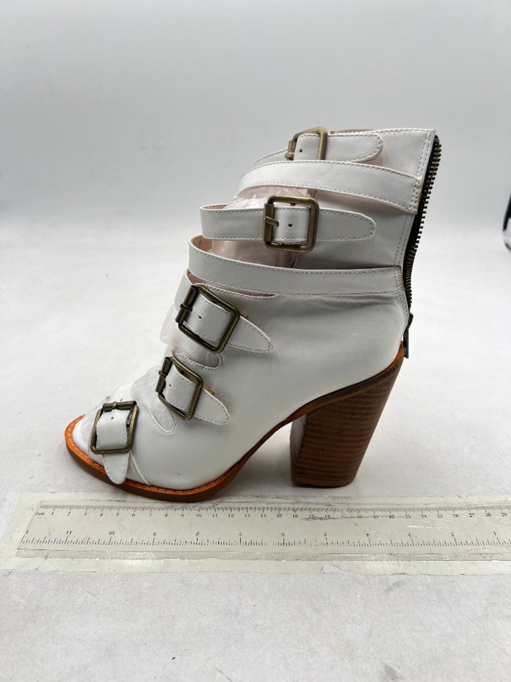White Women's Peep Toe Ankle Boots with Multi Buckle Strap Block Heels Zip Shoe